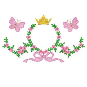 Matriz de bordado brasão floral com coroa e borboletas
